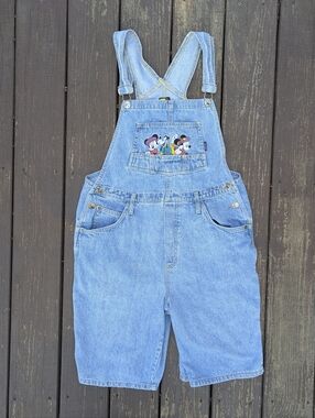Vintage 90s Mickey Unlimited Jean Short Overalls with Minnie, Goofy, and Mickey